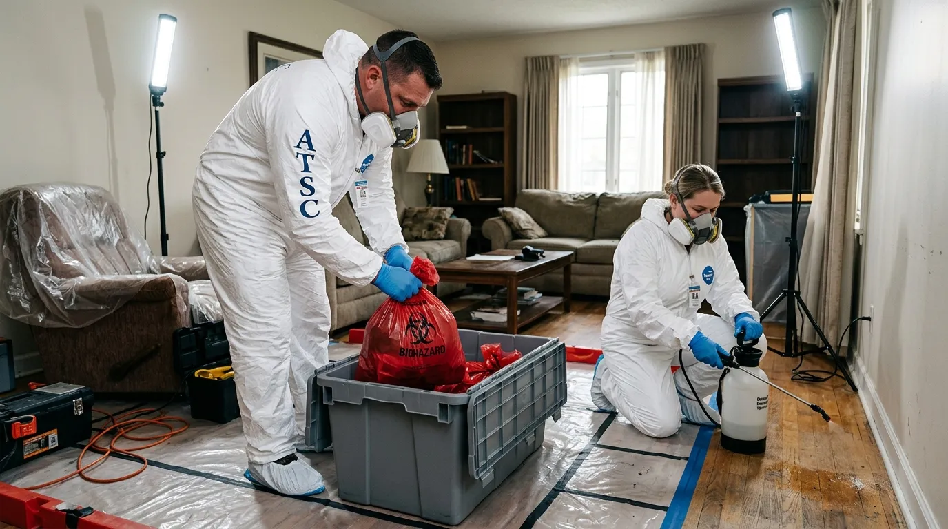 Professional Hoarding Cleanup technician in full PPE working in Weldon Spring